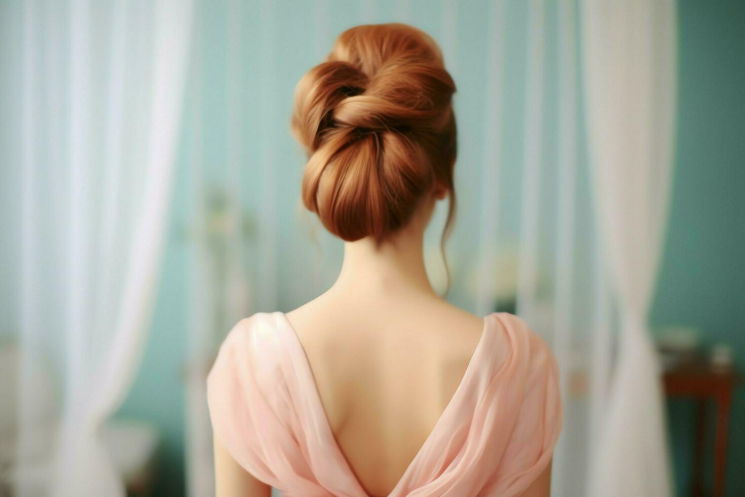 A beautiful bride with a bun hairstyles for long hair look from back. A female hairstyle rear view concept by AI Generated photo