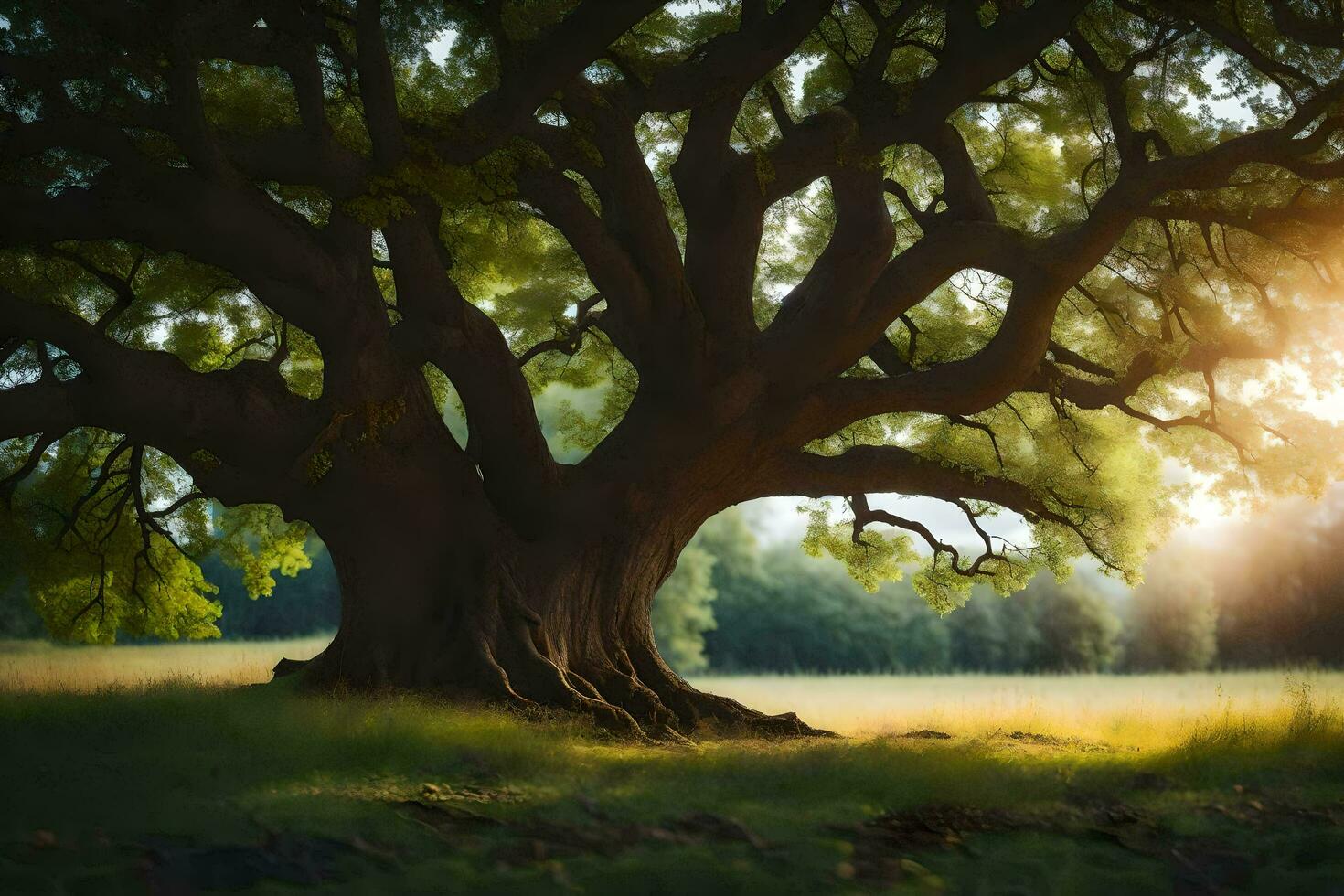 the sun shines through the branches of an old oak tree. AI-Generated photo