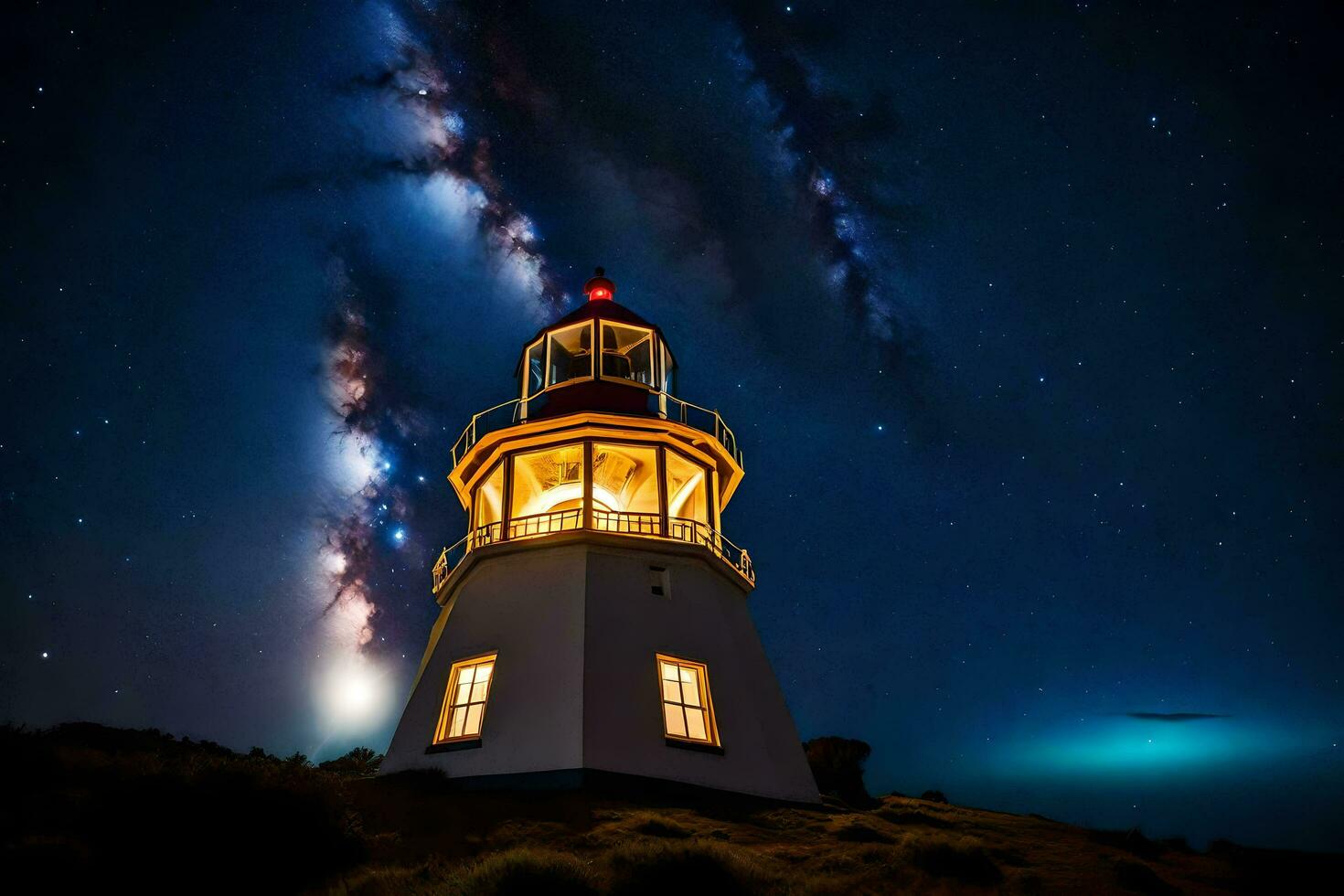 a lighthouse with stars and milky in the sky. AI-Generated photo