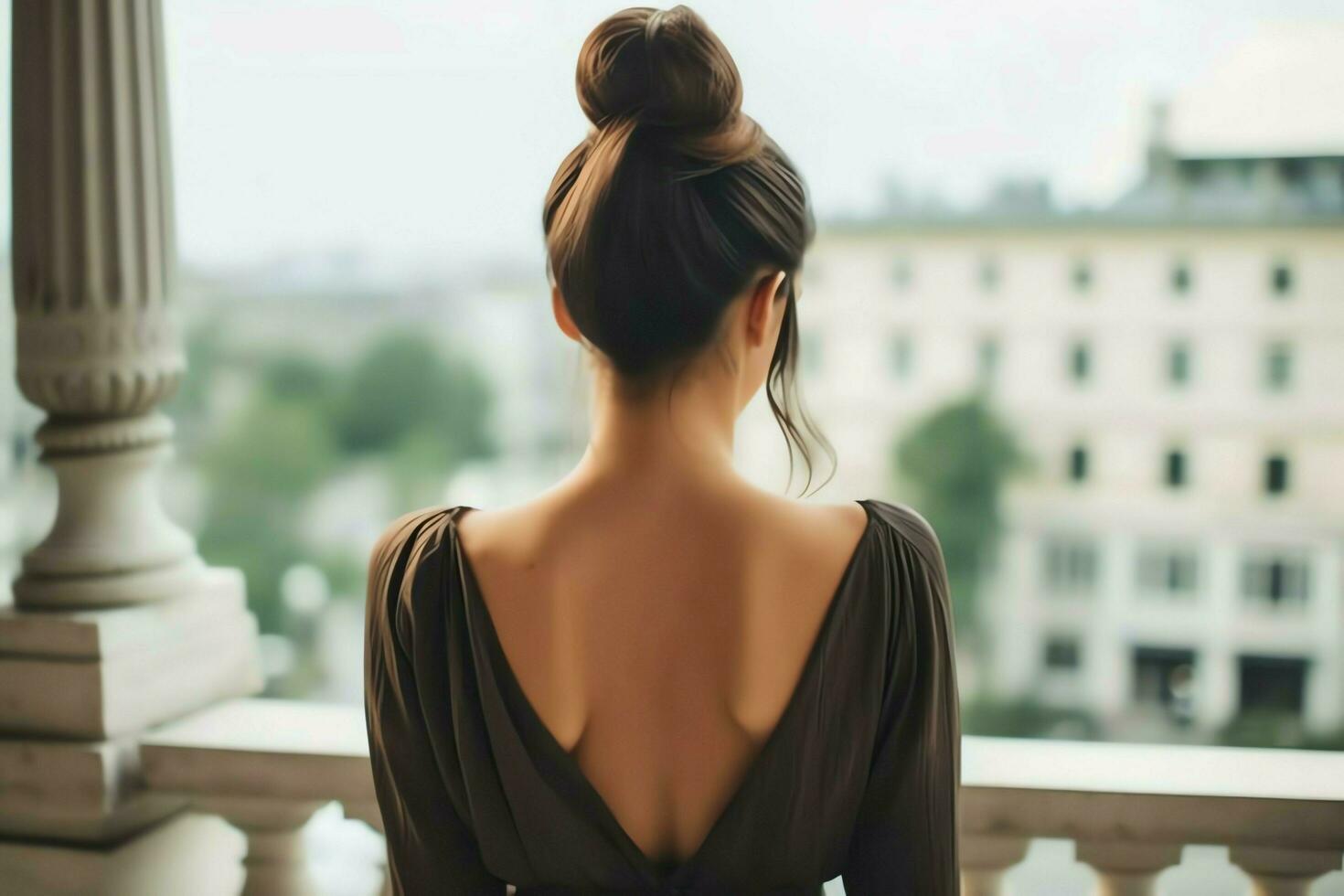 A beautiful bride with a bun hairstyles for long hair look from back. A female hairstyle rear view concept by AI Generated photo