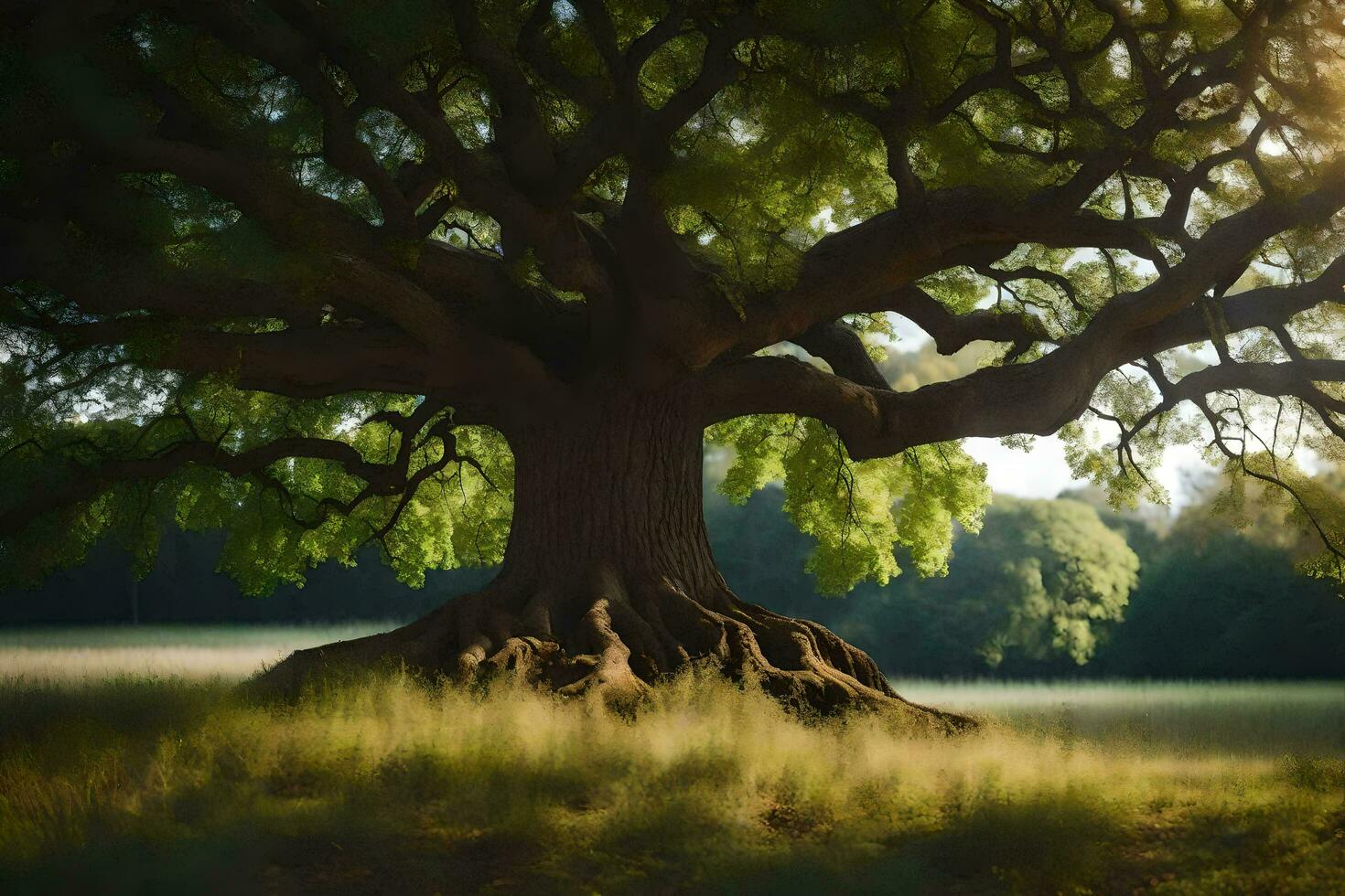the sun shines through the tree's roots. AI-Generated photo