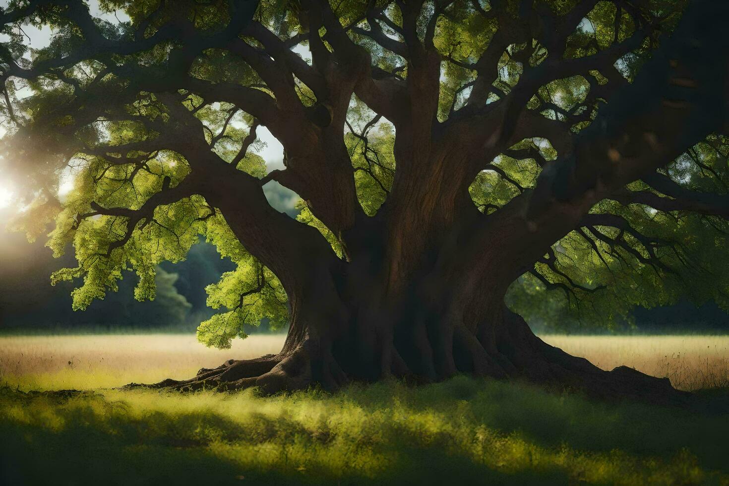 the sun shines through the branches of an old oak tree. AI-Generated photo