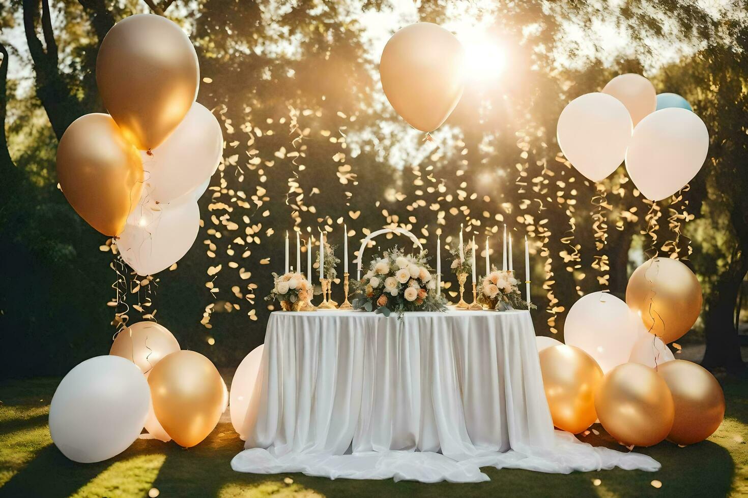 oro y blanco globos y mesa ajuste. generado por ai foto