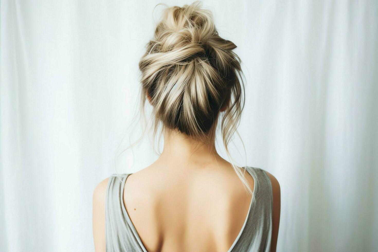 A beautiful bride with a bun hairstyles for long hair look from back. A female hairstyle rear view concept by AI Generated photo