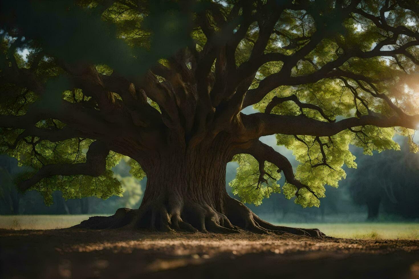 el Dom brilla mediante el árbol maletero de un antiguo roble. generado por ai foto