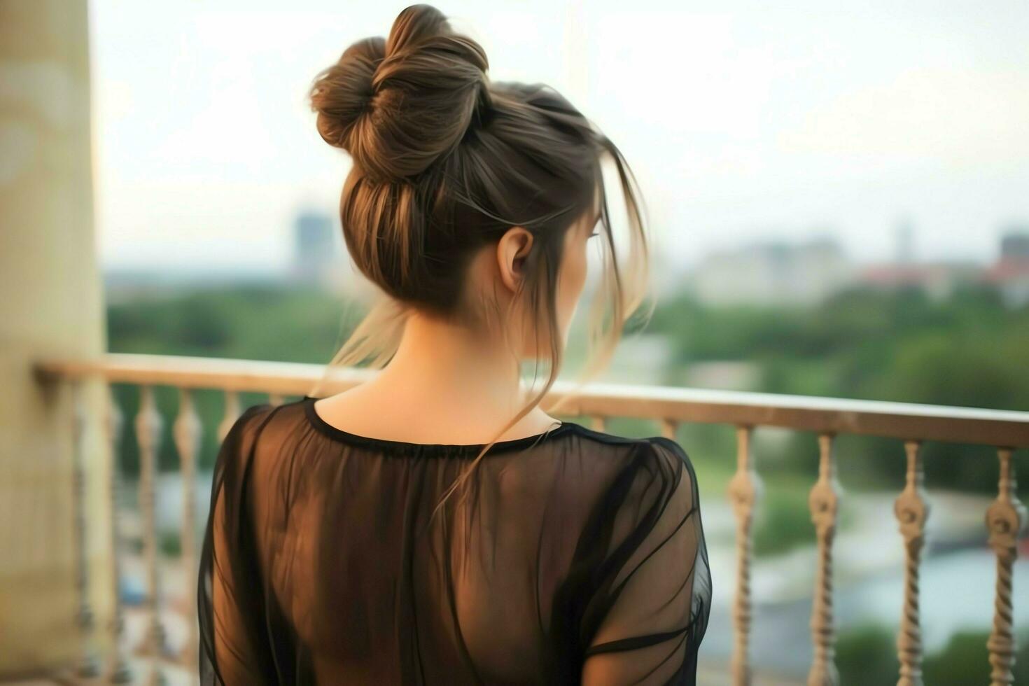 A beautiful bride with a bun hairstyles for long hair look from back. A female hairstyle rear view concept by AI Generated photo