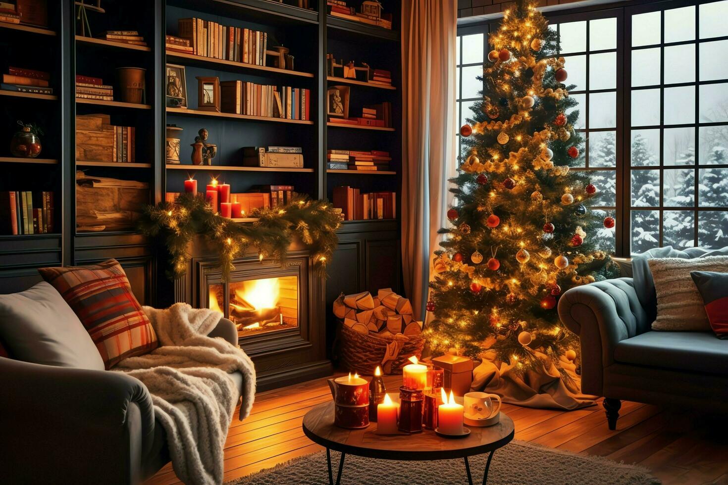 Cosy living room with fireplace and beautiful christmas tree in classic interior. Interior of living room decorated for merry christmas with socks, gift boxes and christmas accessories by AI Generated photo