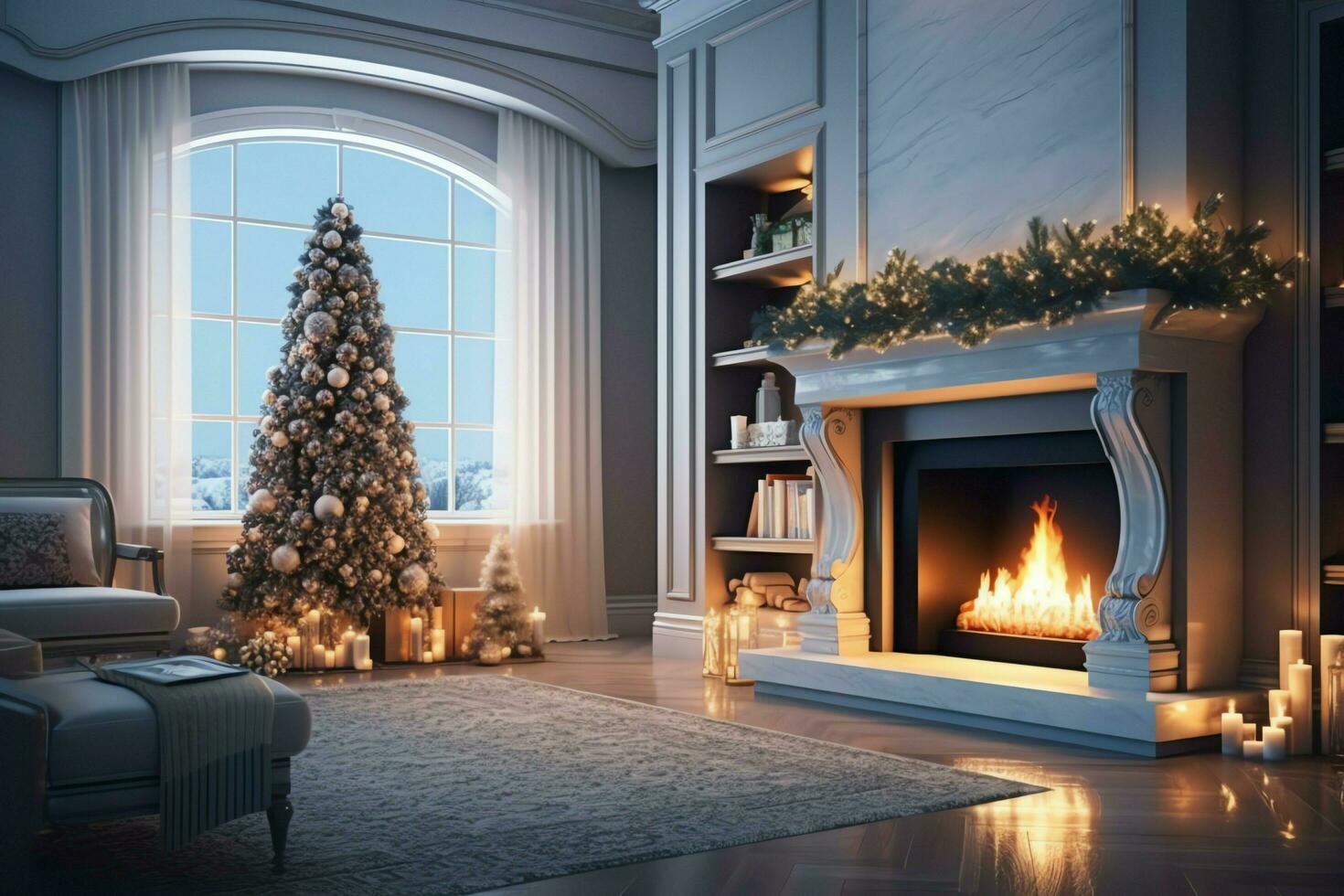Cosy living room with fireplace and beautiful christmas tree in classic interior. Interior of living room decorated for merry christmas with socks, gift boxes and christmas accessories by AI Generated photo