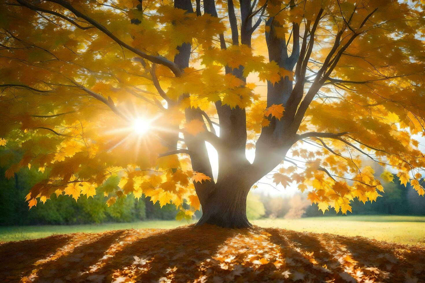 el Dom brilla mediante el hojas de un otoño árbol. generado por ai foto