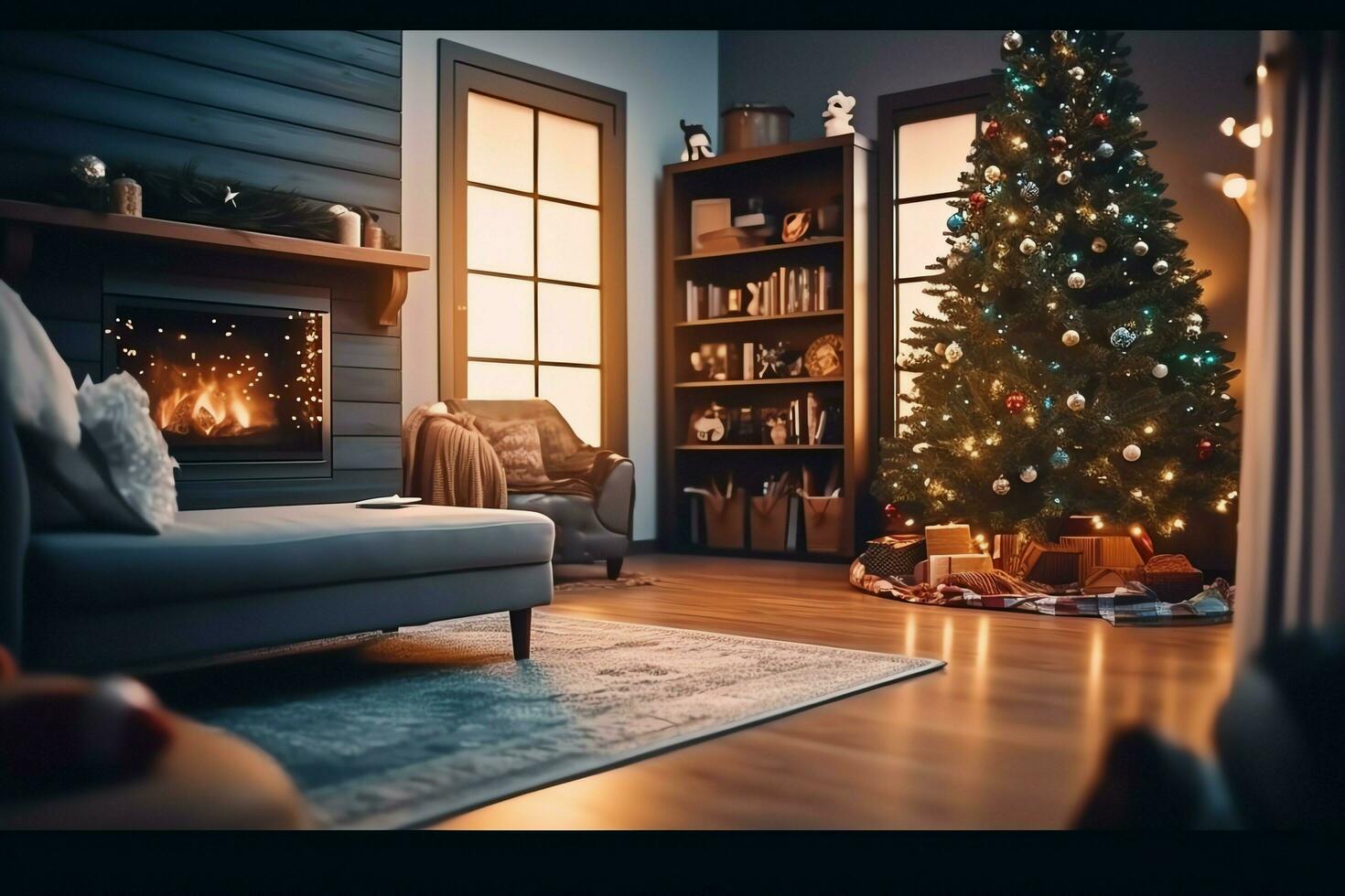 Cosy living room with fireplace and beautiful christmas tree in classic interior. Interior of living room decorated for merry christmas with socks, gift boxes and christmas accessories by AI Generated photo