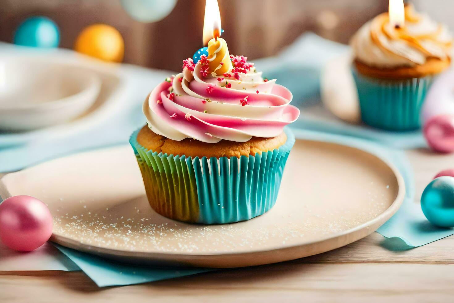 a cupcake with a candle on top. AI-Generated photo