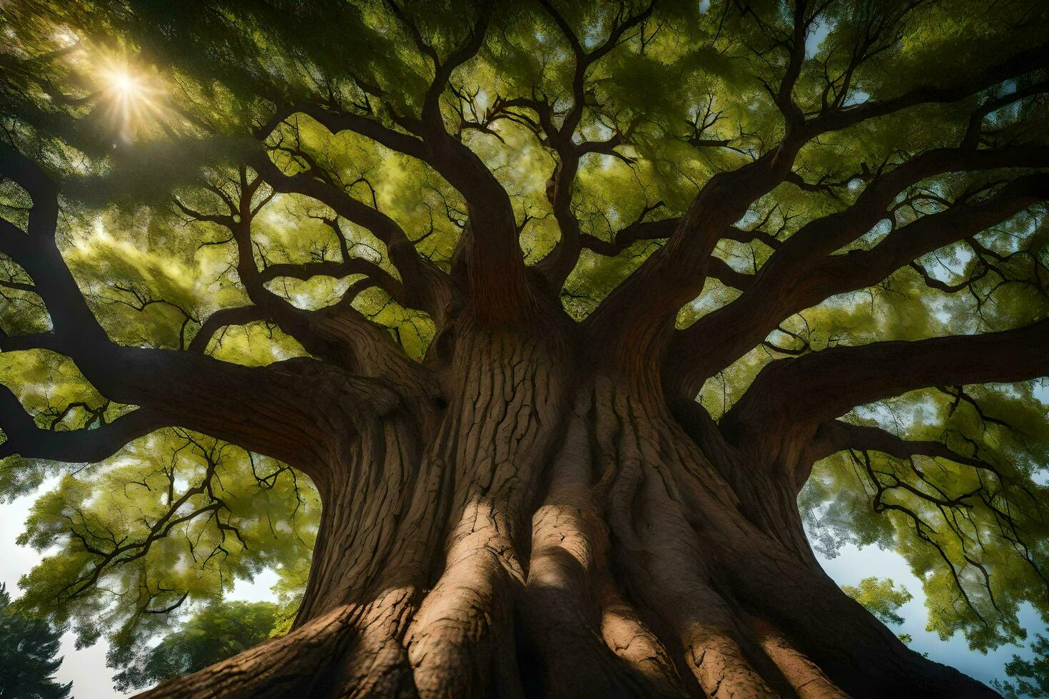 el Dom brilla mediante el ramas de un grande árbol. generado por ai foto