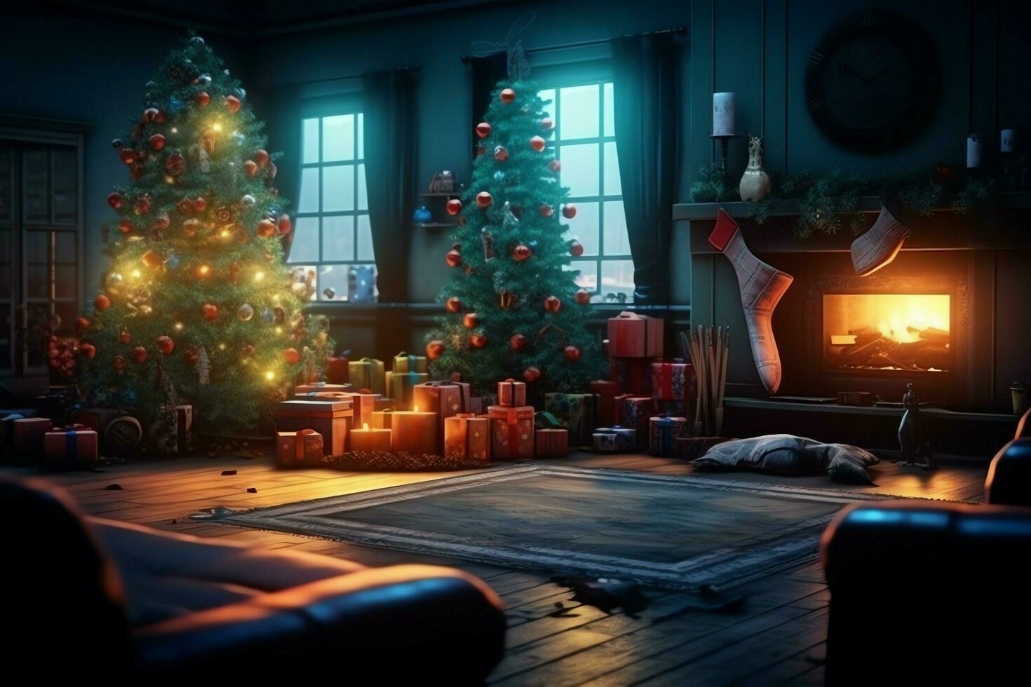 Cosy living room with fireplace and beautiful christmas tree in classic interior. Interior of living room decorated for merry christmas with socks, gift boxes and christmas accessories by AI Generated photo