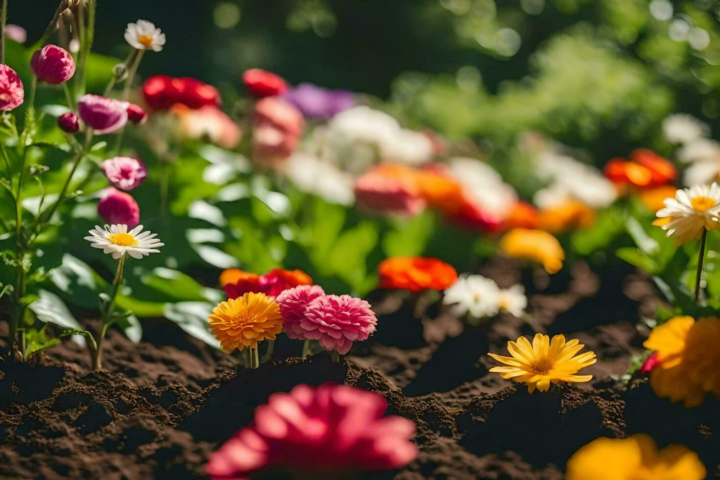 many different colored flowers are growing in the dirt. AI-Generated photo