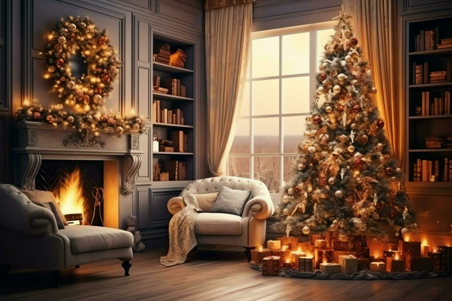 Cosy living room with fireplace and beautiful christmas tree in classic interior. Interior of living room decorated for merry christmas with socks, gift boxes and christmas accessories by AI Generated photo