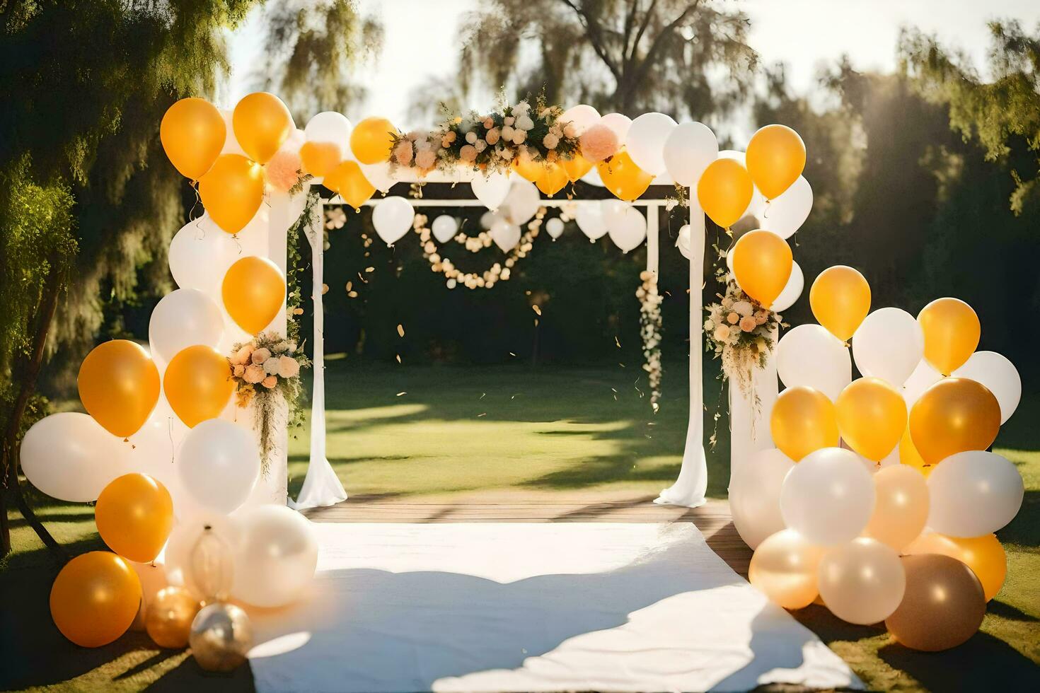 a wedding arch with balloons and flowers. AI-Generated photo