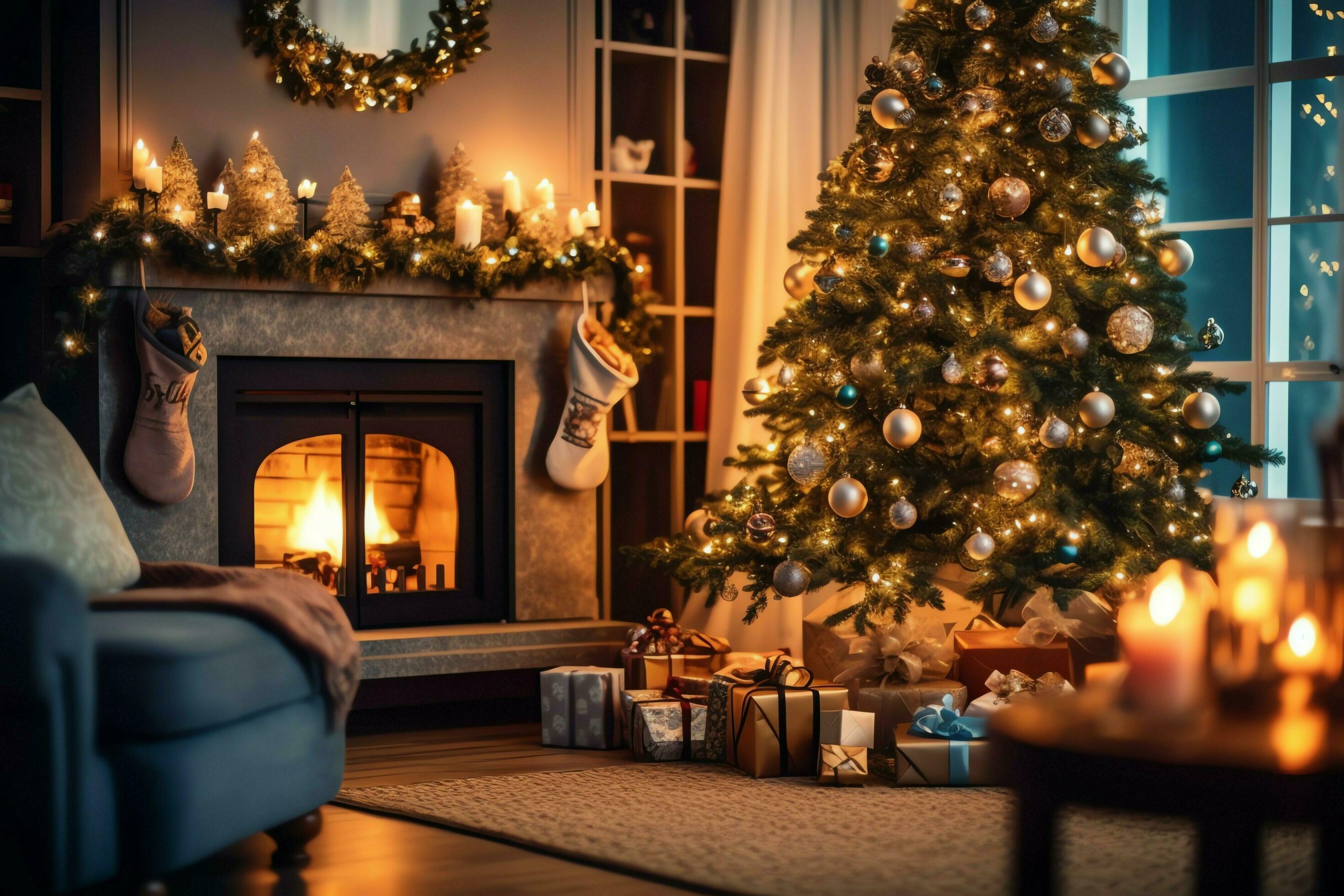 Fireplace And Beautiful Christmas Tree