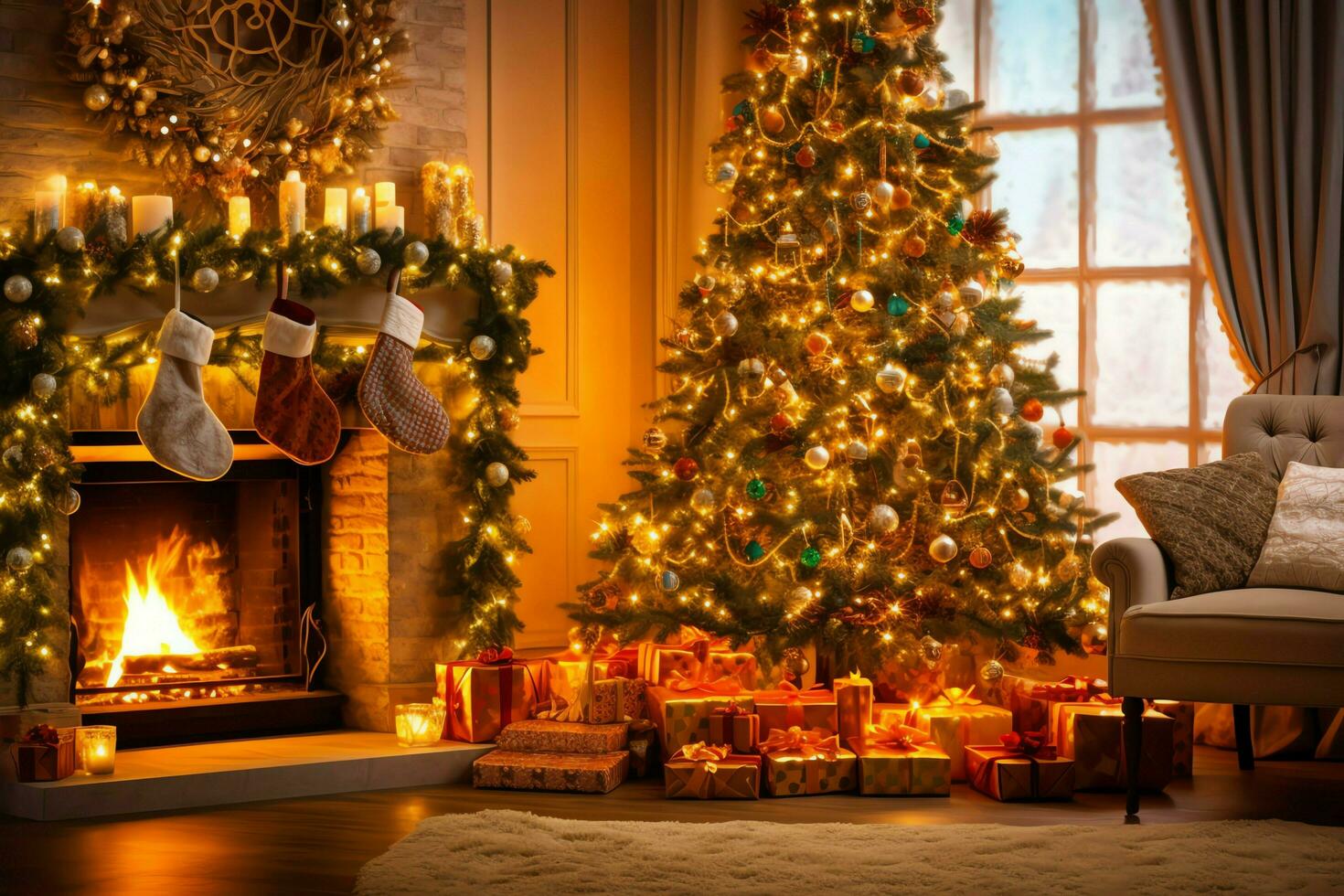 Cosy living room with fireplace and beautiful christmas tree in classic interior. Interior of living room decorated for merry christmas with socks, gift boxes and christmas accessories by AI Generated photo
