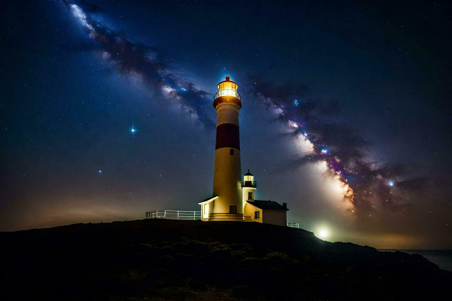 a lighthouse is lit up by the milky way. AI-Generated photo