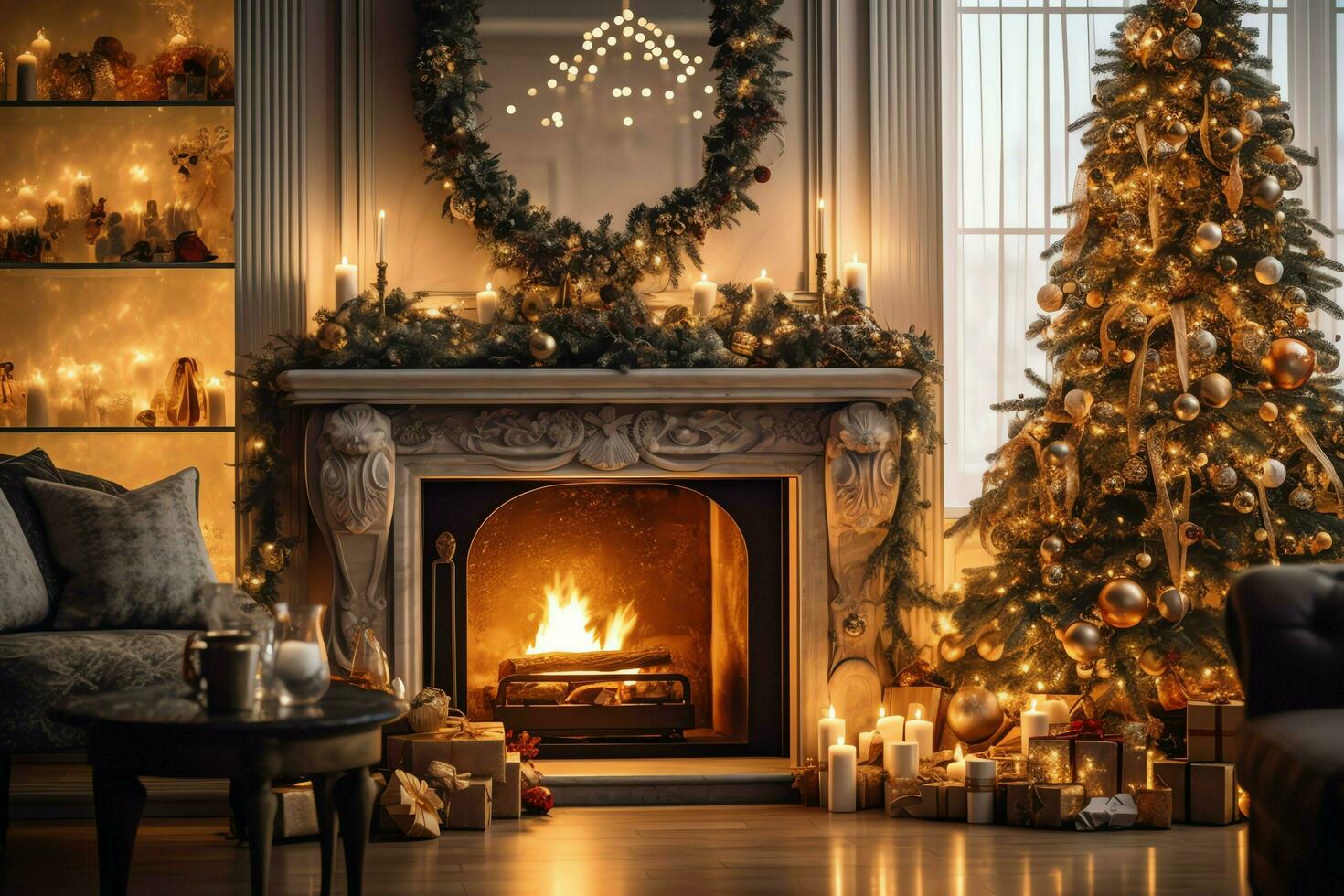 Cosy living room with fireplace and beautiful christmas tree in classic interior. Interior of living room decorated for merry christmas with socks, gift boxes and christmas accessories by AI Generated photo