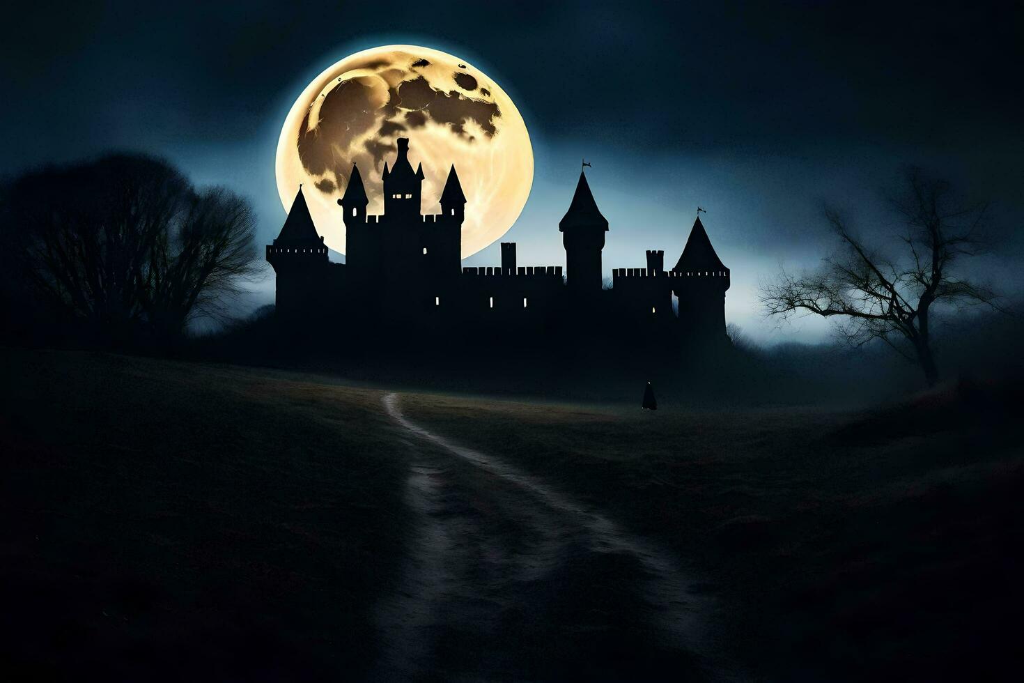 a castle in the dark with a full moon. AI-Generated photo
