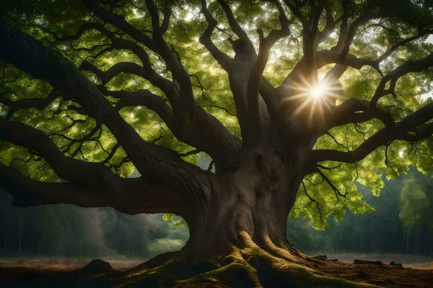 the sun shines through the tree trunk of an old oak. AI-Generated photo