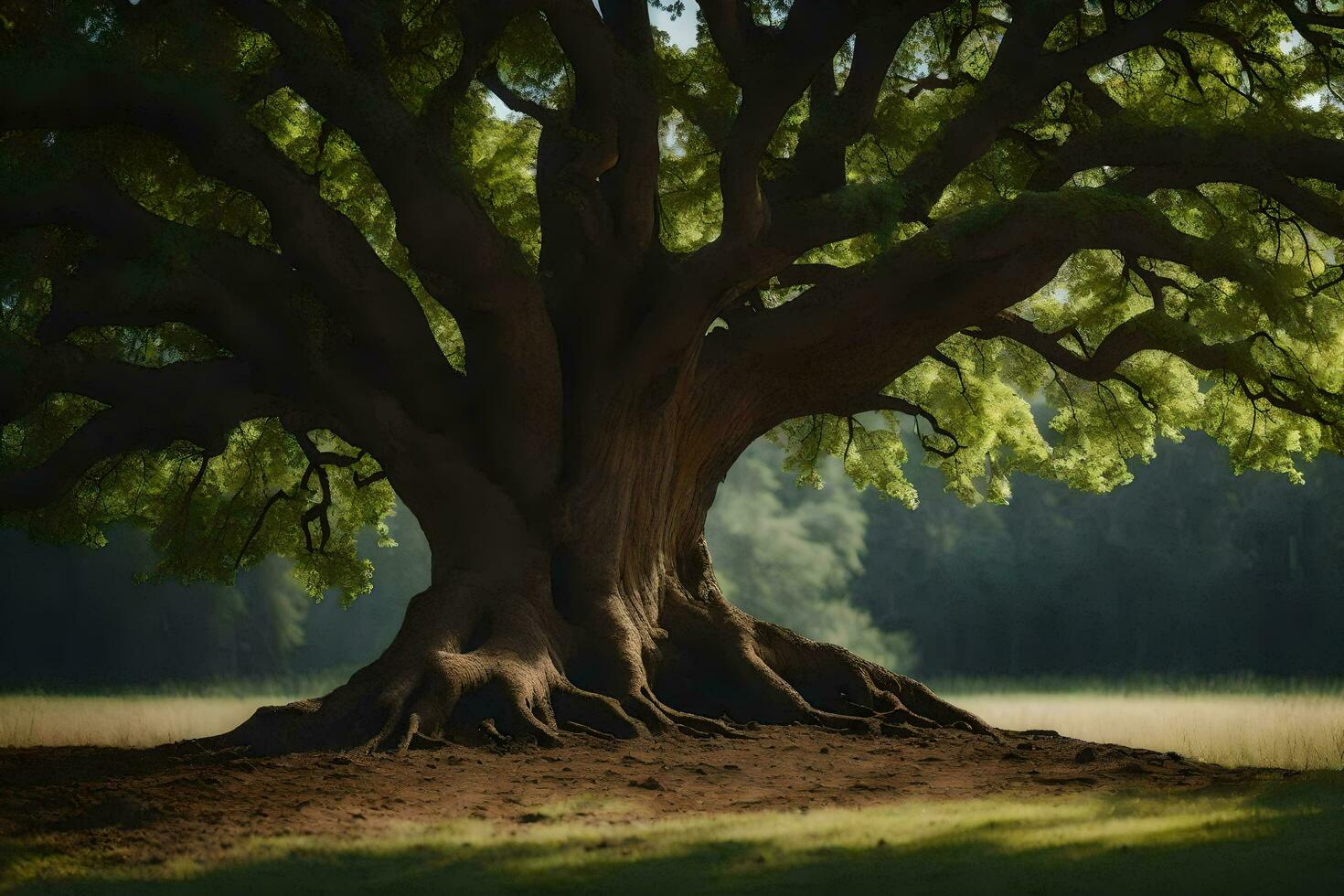 the tree is large and has many roots. AI-Generated photo