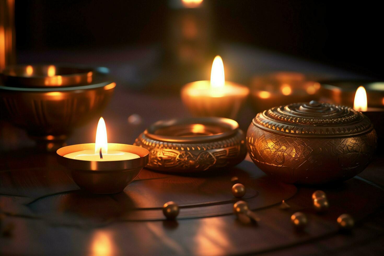 Happy diwali or deepavali traditional indian festival with clay diya oil lamp. Indian hindu festival of light symbol with candle and light. Clay diya lamp lit during diwali celebration by AI generated photo