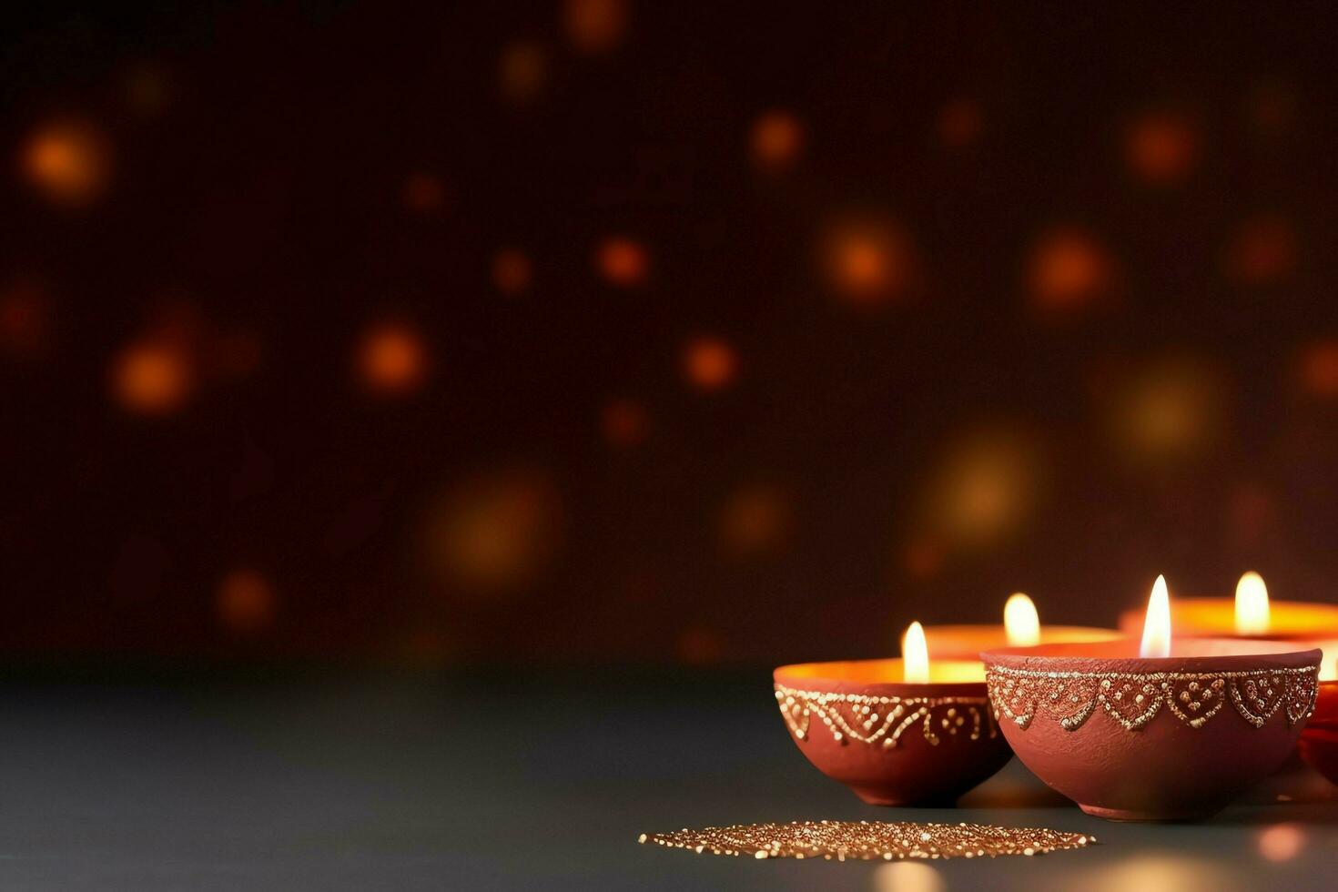 Happy diwali or deepavali traditional indian festival with clay diya oil lamp. Indian hindu festival of light symbol with candle and light. Clay diya lamp lit during diwali celebration by AI generated photo