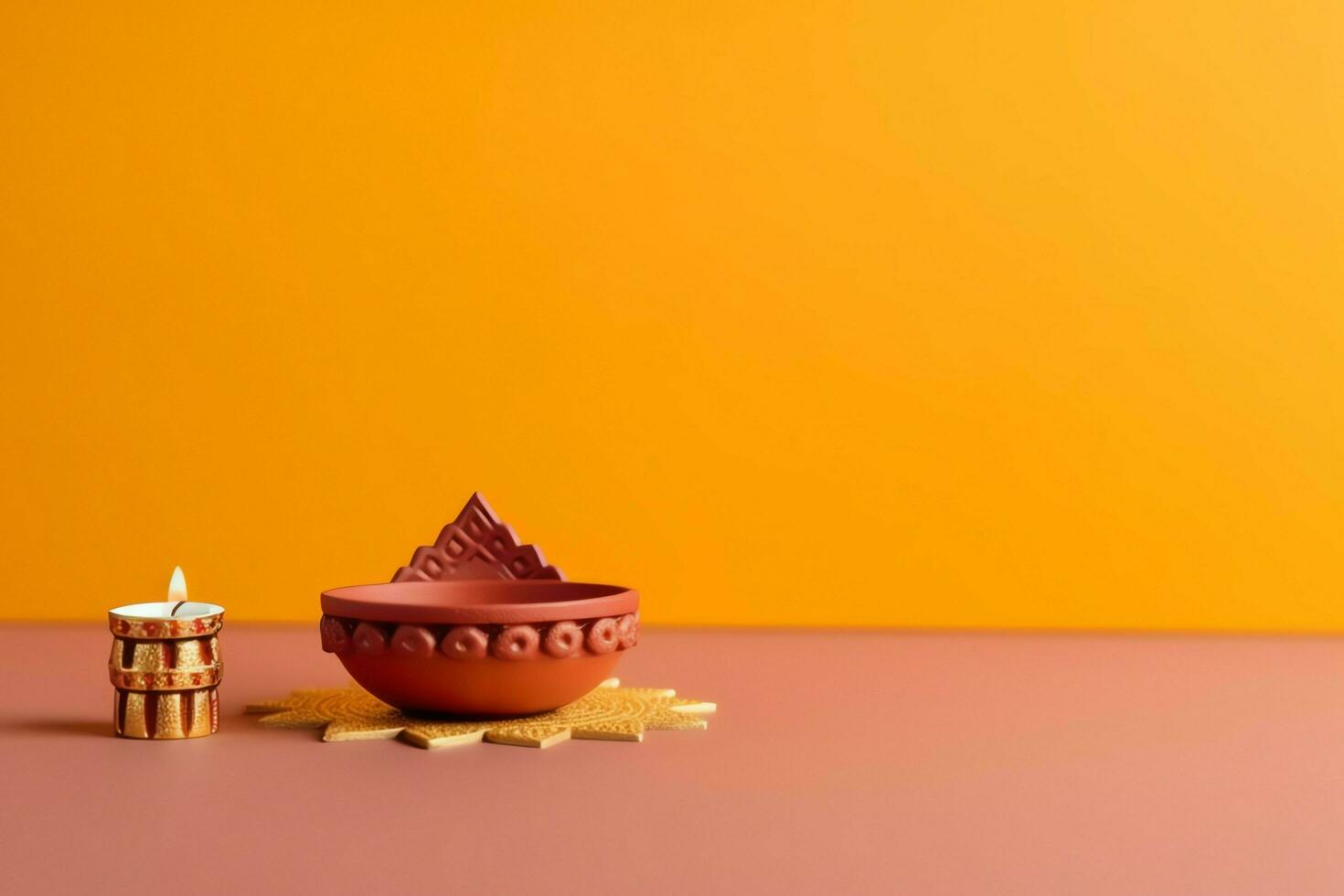 Happy diwali or deepavali traditional indian festival with clay diya oil lamp. Indian hindu festival of light symbol with candle and light. Clay diya lamp lit during diwali celebration by AI generated photo