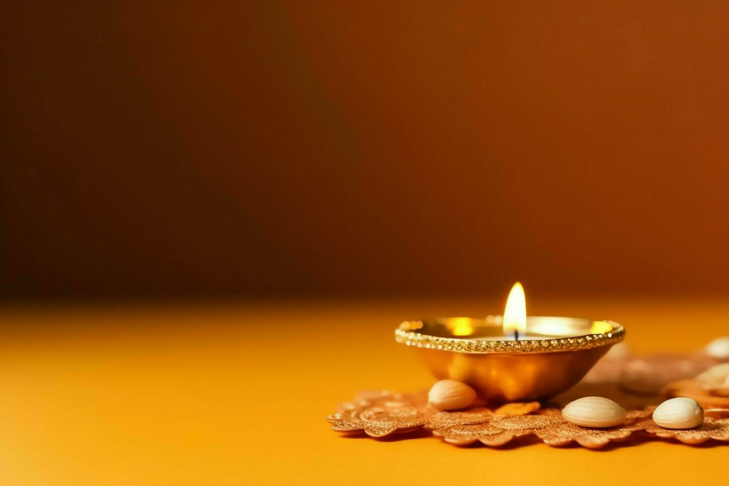 Happy diwali or deepavali traditional indian festival with clay diya oil lamp. Indian hindu festival of light symbol with candle and light. Clay diya lamp lit during diwali celebration by AI generated photo