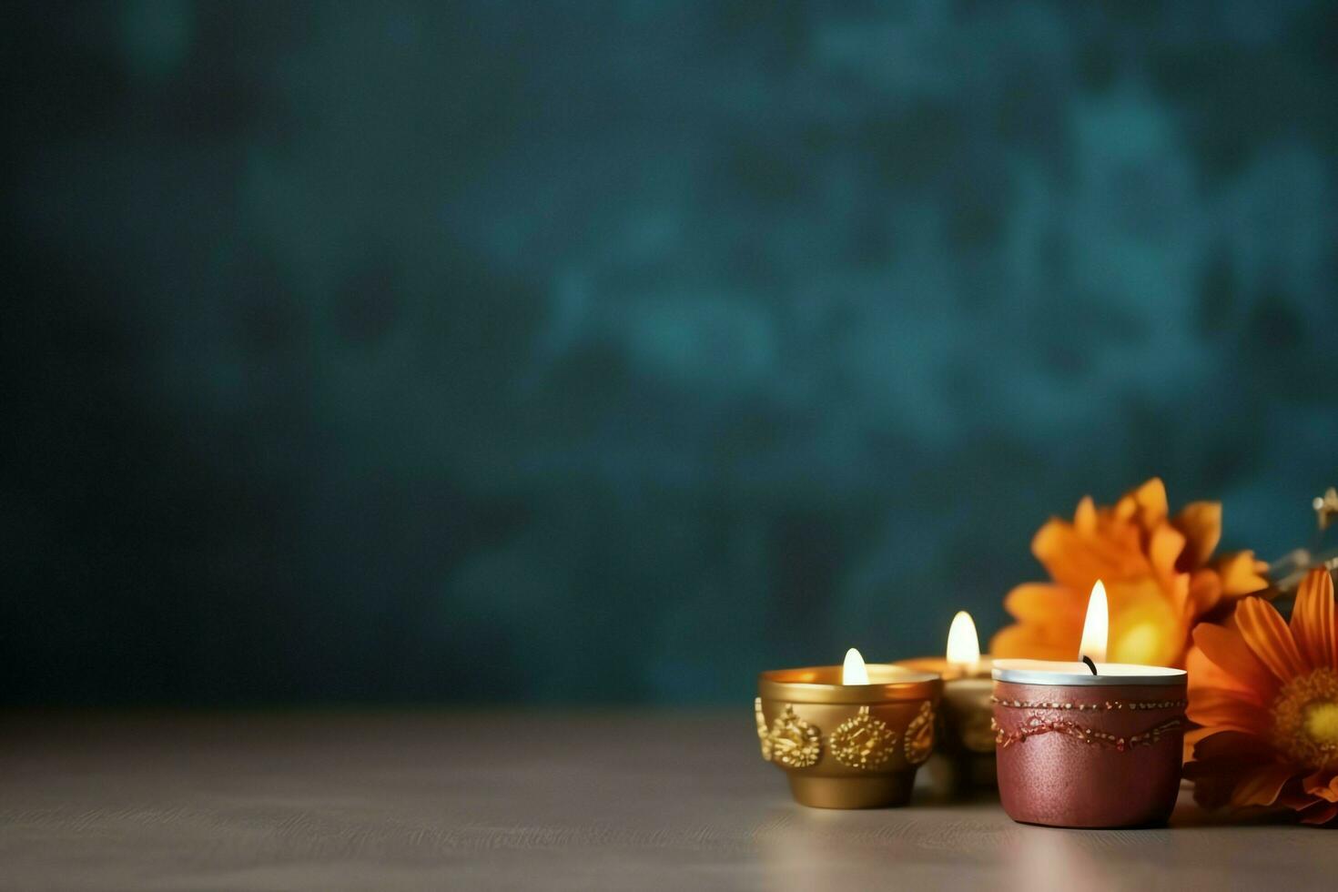 Happy diwali or deepavali traditional indian festival with clay diya oil lamp. Indian hindu festival of light symbol with candle and light. Clay diya lamp lit during diwali celebration by AI generated photo