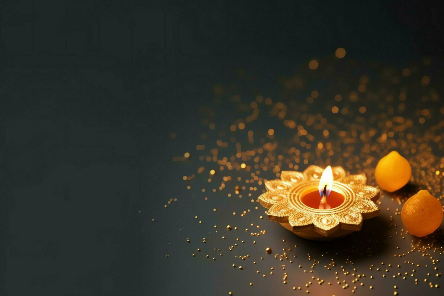 Happy diwali or deepavali traditional indian festival with clay diya oil lamp. Indian hindu festival of light symbol with candle and light. Clay diya lamp lit during diwali celebration by AI generated photo