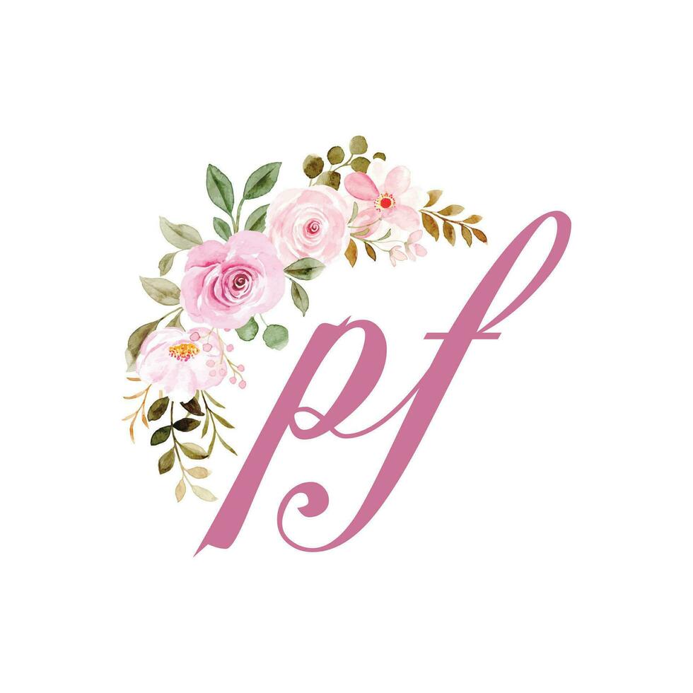 floral con acuarela flores y letra pf logo vector