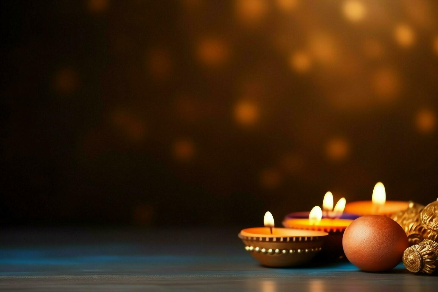 Happy diwali or deepavali traditional indian festival with clay diya oil lamp. Indian hindu festival of light symbol with candle and light. Clay diya lamp lit during diwali celebration by AI generated photo