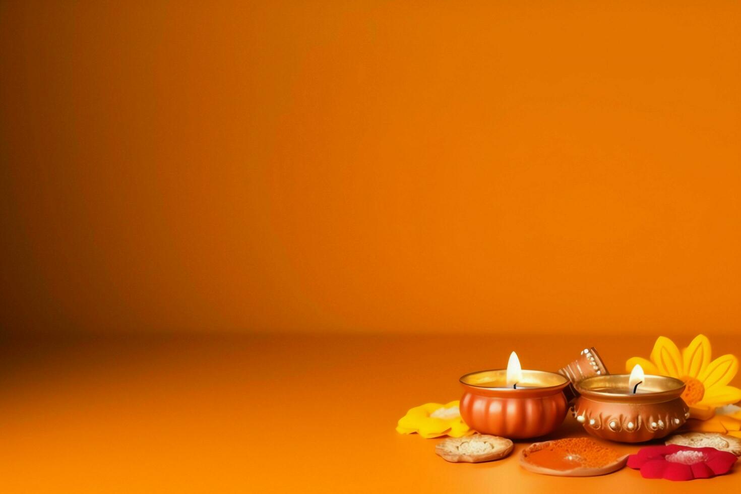 Happy diwali or deepavali traditional indian festival with clay diya oil lamp. Indian hindu festival of light symbol with candle and light. Clay diya lamp lit during diwali celebration by AI generated photo