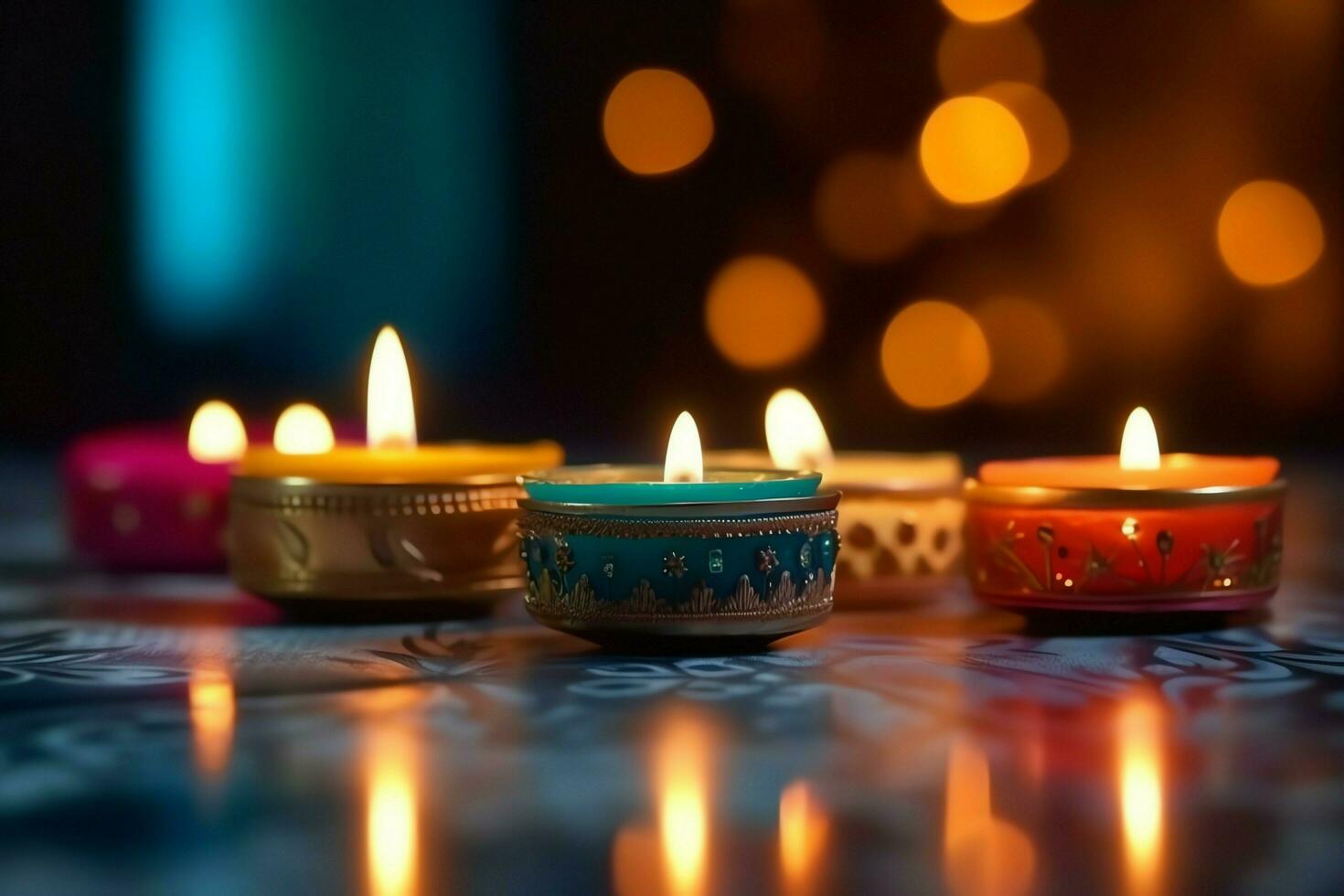 Happy diwali or deepavali traditional indian festival with clay diya oil lamp. Indian hindu festival of light symbol with candle and light. Clay diya lamp lit during diwali celebration by AI generated photo