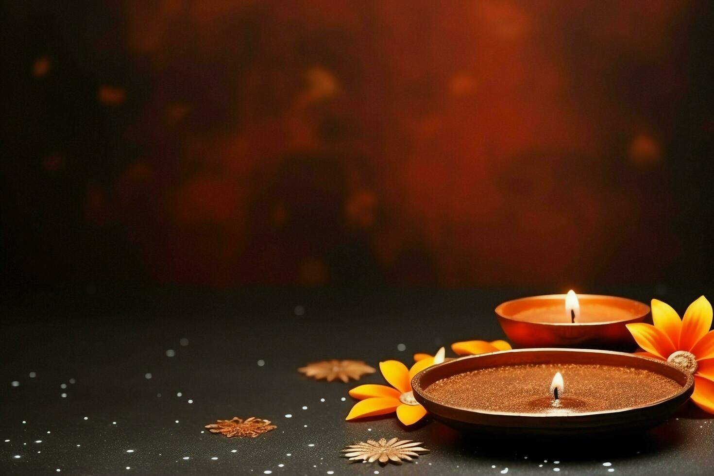 Happy diwali or deepavali traditional indian festival with clay diya oil lamp. Indian hindu festival of light symbol with candle and light. Clay diya lamp lit during diwali celebration by AI generated photo