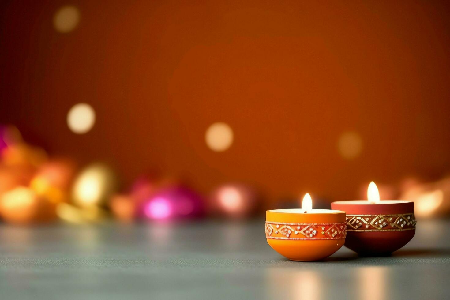 Happy diwali or deepavali traditional indian festival with clay diya oil lamp. Indian hindu festival of light symbol with candle and light. Clay diya lamp lit during diwali celebration by AI generated photo