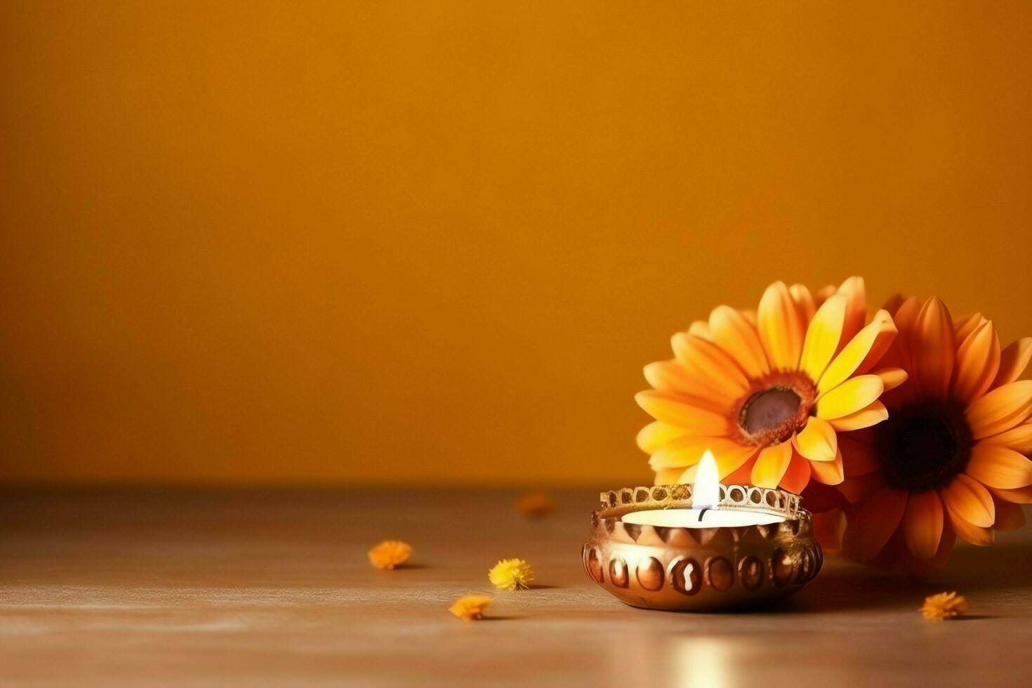Happy diwali or deepavali traditional indian festival with clay diya oil lamp. Indian hindu festival of light symbol with candle and light. Clay diya lamp lit during diwali celebration by AI generated photo