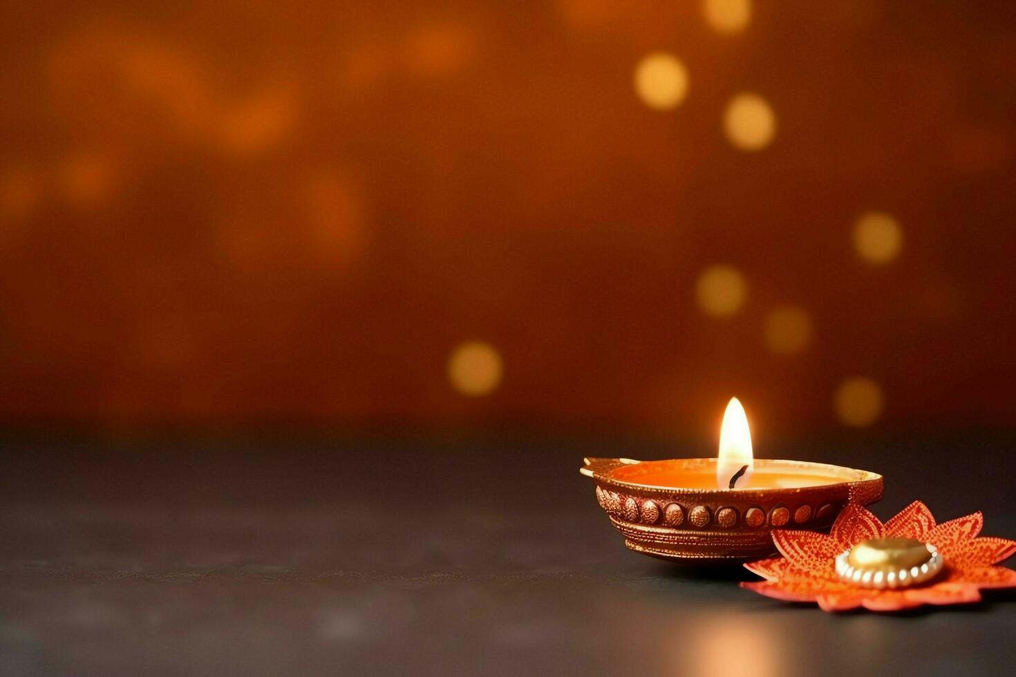 Happy diwali or deepavali traditional indian festival with clay diya oil lamp. Indian hindu festival of light symbol with candle and light. Clay diya lamp lit during diwali celebration by AI generated photo