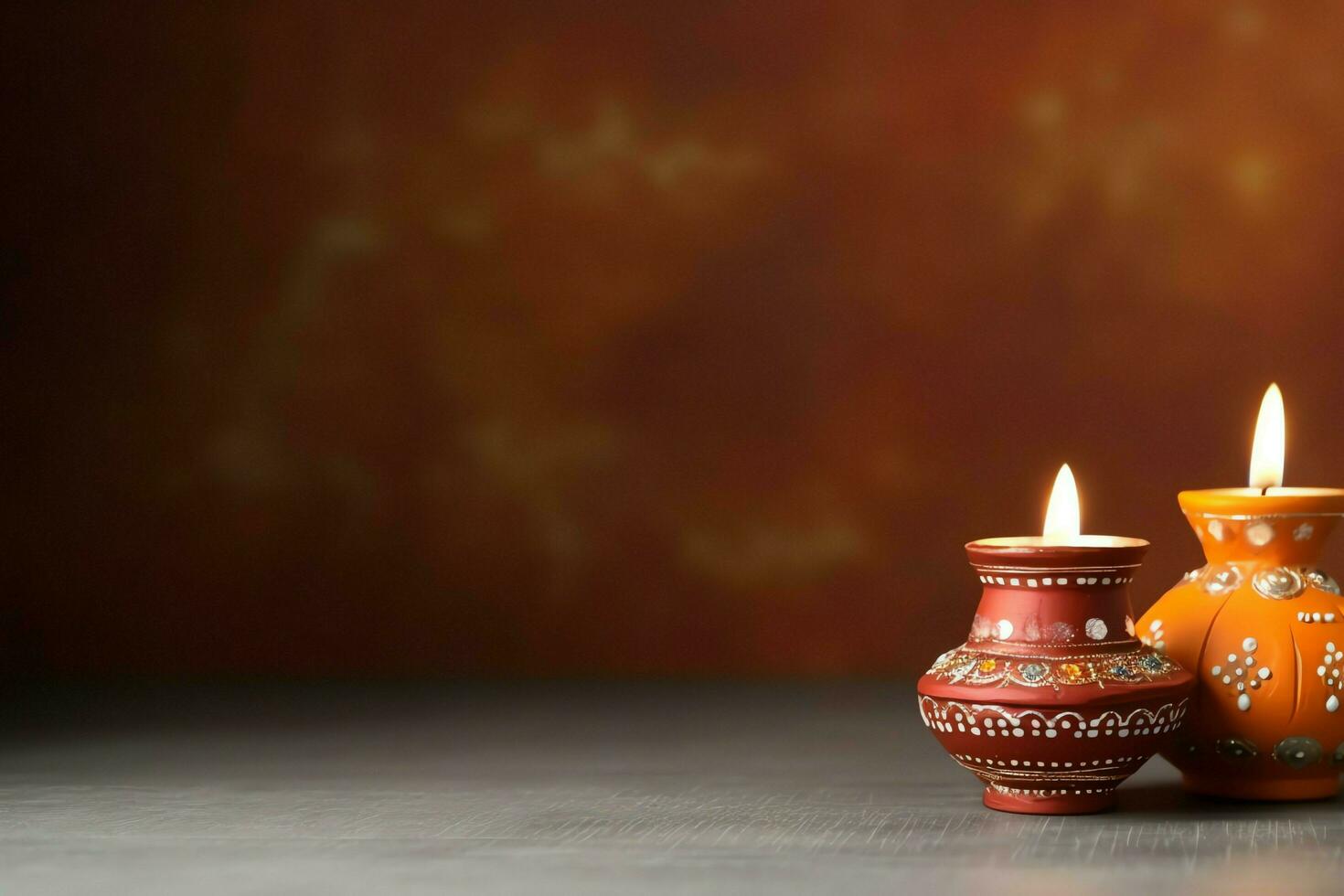 Happy diwali or deepavali traditional indian festival with clay diya oil lamp. Indian hindu festival of light symbol with candle and light. Clay diya lamp lit during diwali celebration by AI generated photo