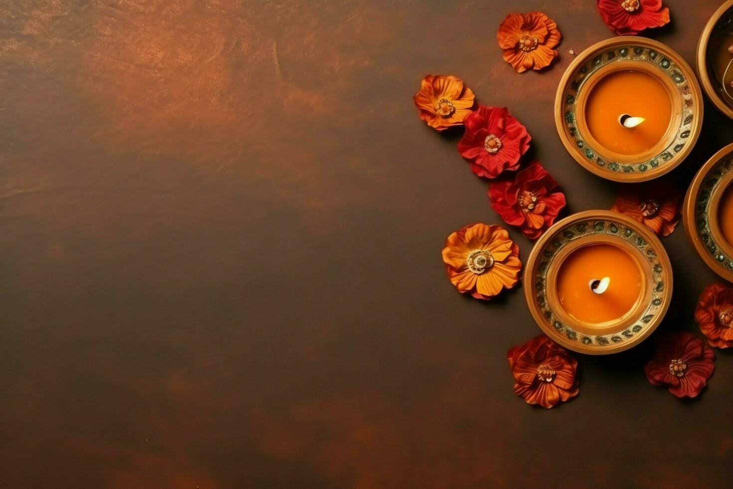 Happy diwali or deepavali traditional indian festival with clay diya oil lamp. Indian hindu festival of light symbol with candle and light. Clay diya lamp lit during diwali celebration by AI generated photo