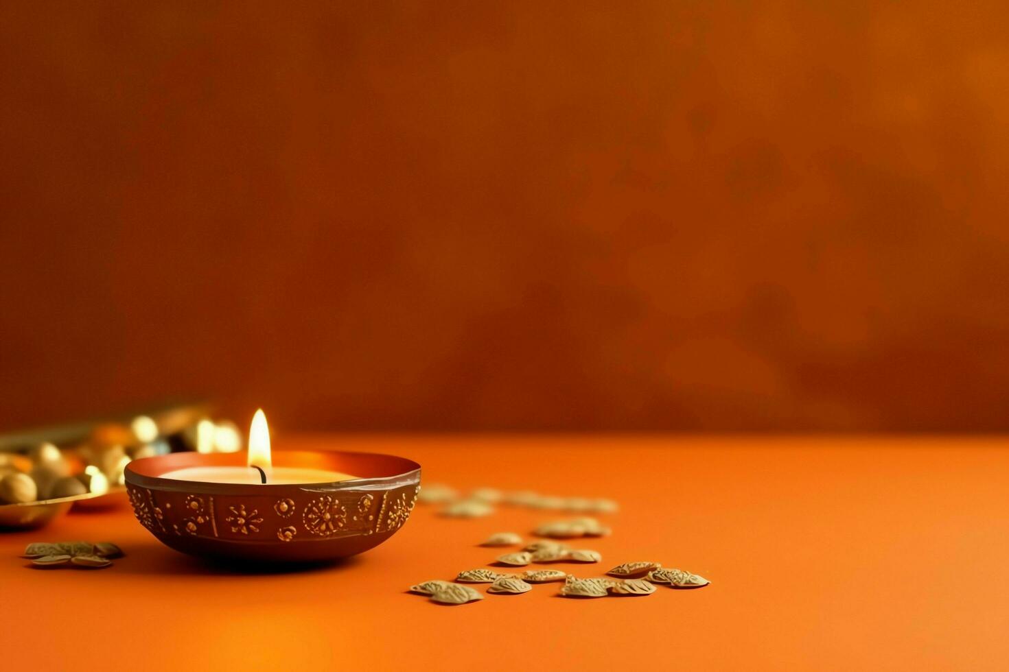 Happy diwali or deepavali traditional indian festival with clay diya oil lamp. Indian hindu festival of light symbol with candle and light. Clay diya lamp lit during diwali celebration by AI generated photo