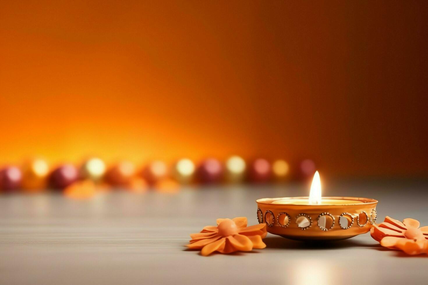 Happy diwali or deepavali traditional indian festival with clay diya oil lamp. Indian hindu festival of light symbol with candle and light. Clay diya lamp lit during diwali celebration by AI generated photo