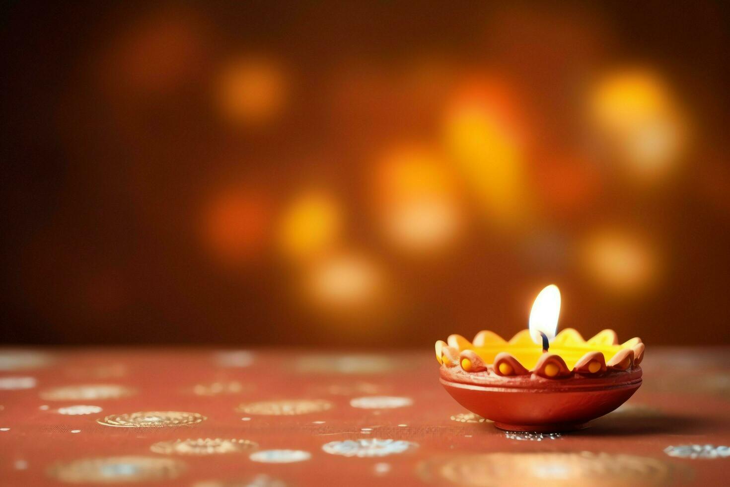 Happy diwali or deepavali traditional indian festival with clay diya oil lamp. Indian hindu festival of light symbol with candle and light. Clay diya lamp lit during diwali celebration by AI generated photo