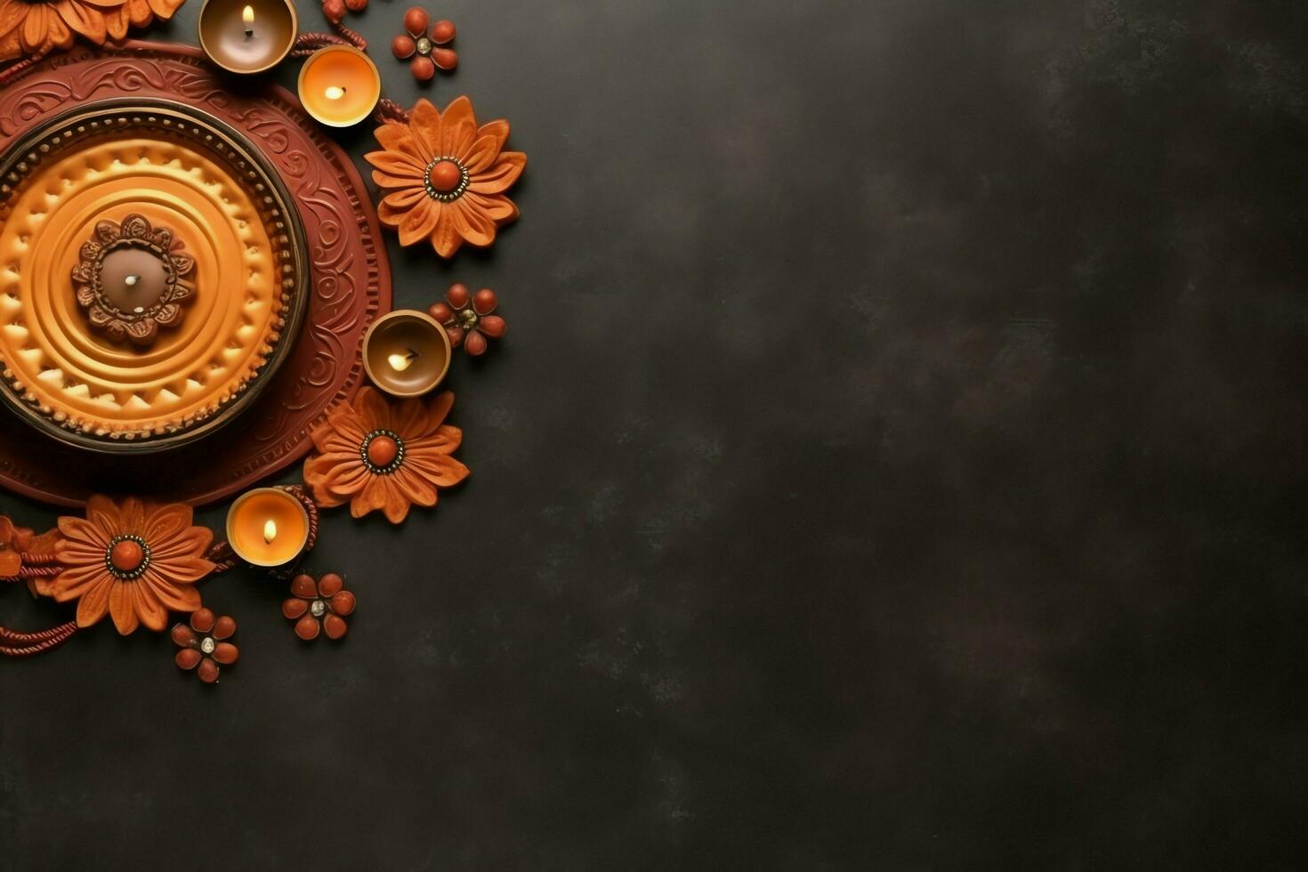 Happy diwali or deepavali traditional indian festival with clay diya oil lamp. Indian hindu festival of light symbol with candle and light. Clay diya lamp lit during diwali celebration by AI generated photo