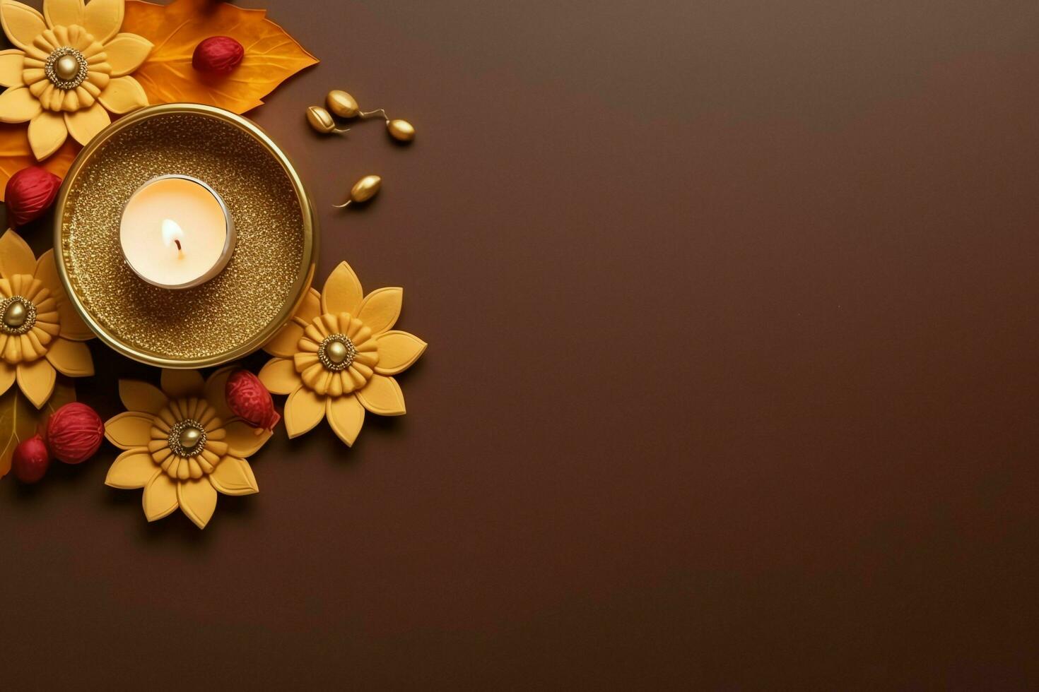 Happy diwali or deepavali traditional indian festival with clay diya oil lamp. Indian hindu festival of light symbol with candle and light. Clay diya lamp lit during diwali celebration by AI generated photo