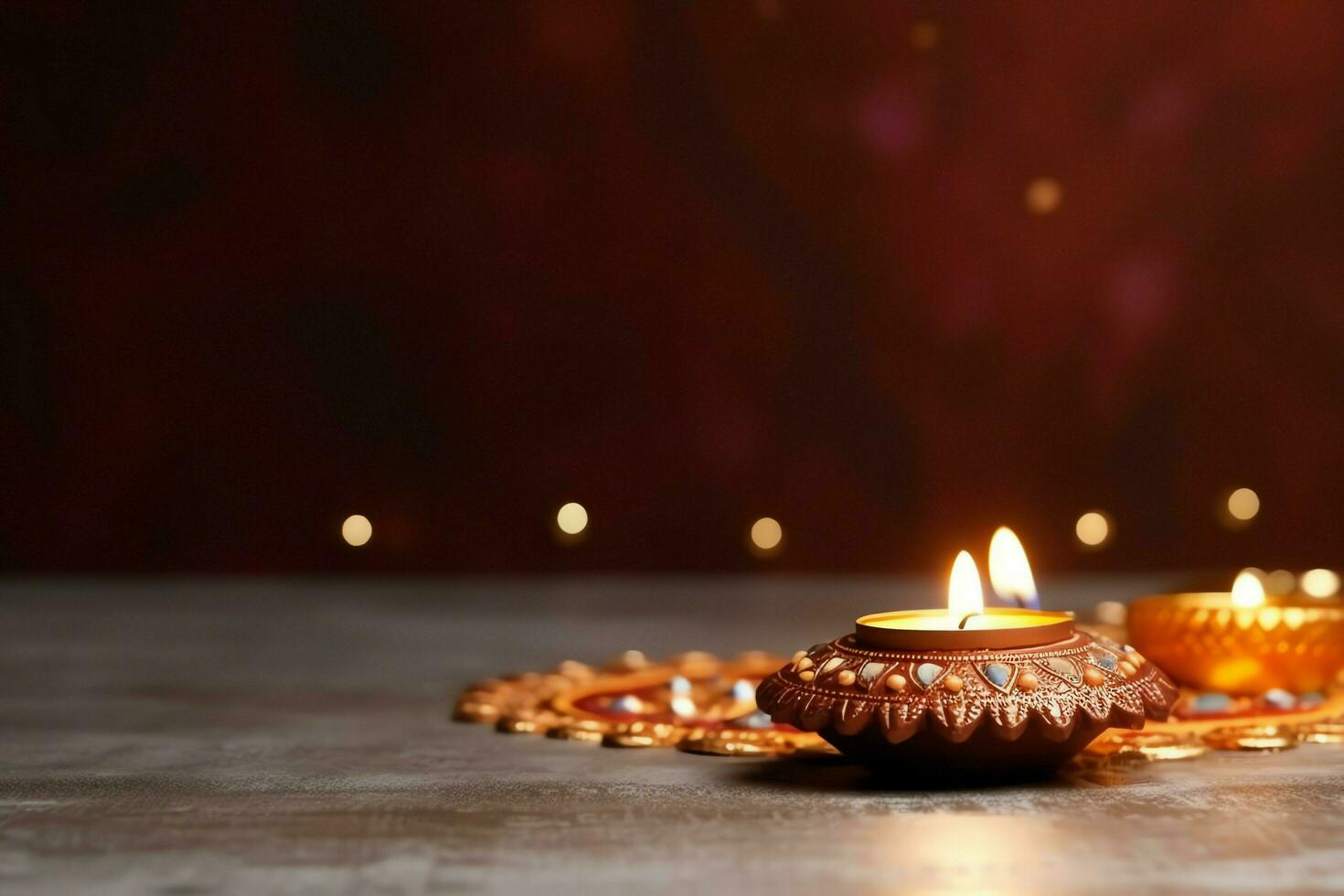 Happy diwali or deepavali traditional indian festival with clay diya oil lamp. Indian hindu festival of light symbol with candle and light. Clay diya lamp lit during diwali celebration by AI generated photo