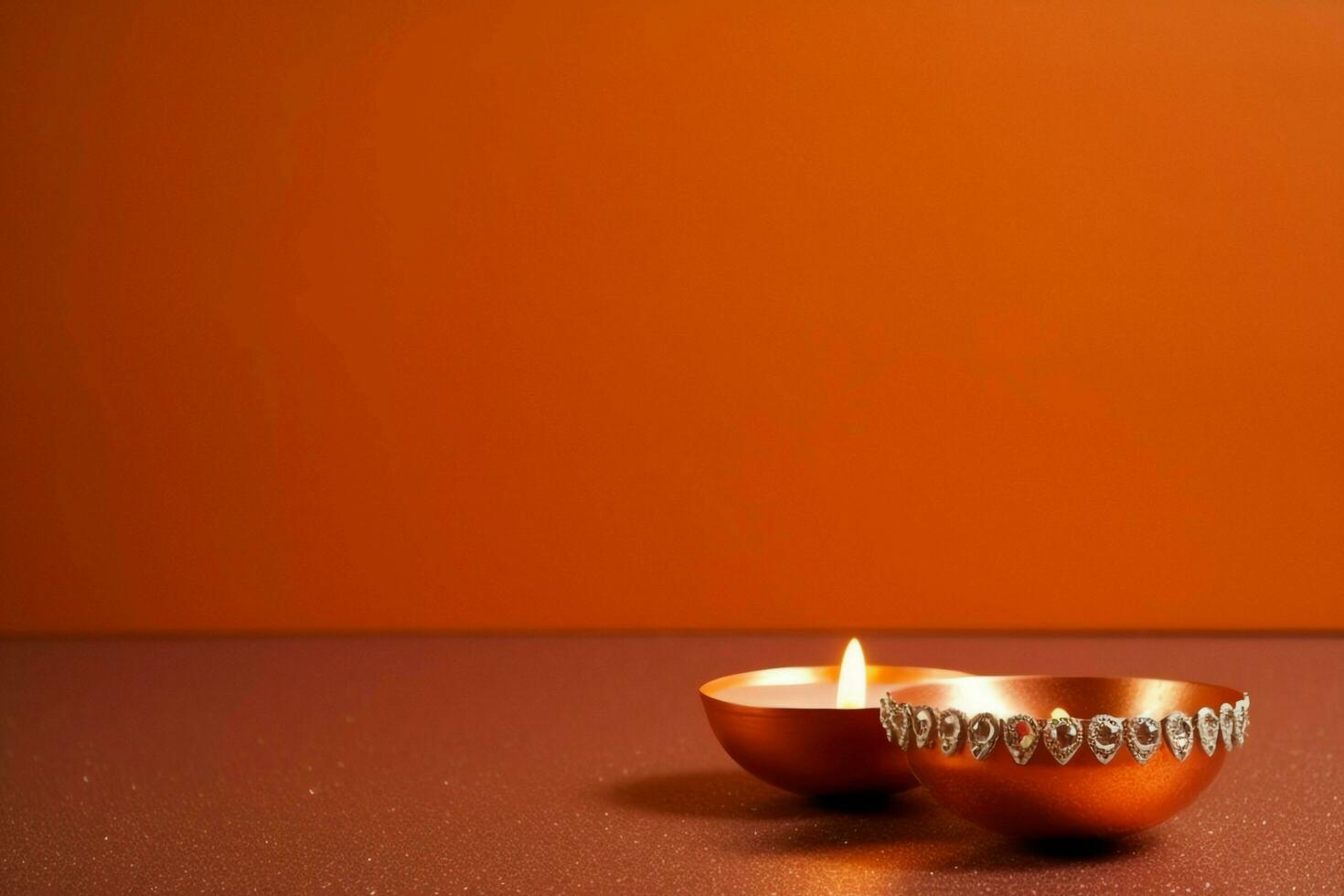 Happy diwali or deepavali traditional indian festival with clay diya oil lamp. Indian hindu festival of light symbol with candle and light. Clay diya lamp lit during diwali celebration by AI generated photo